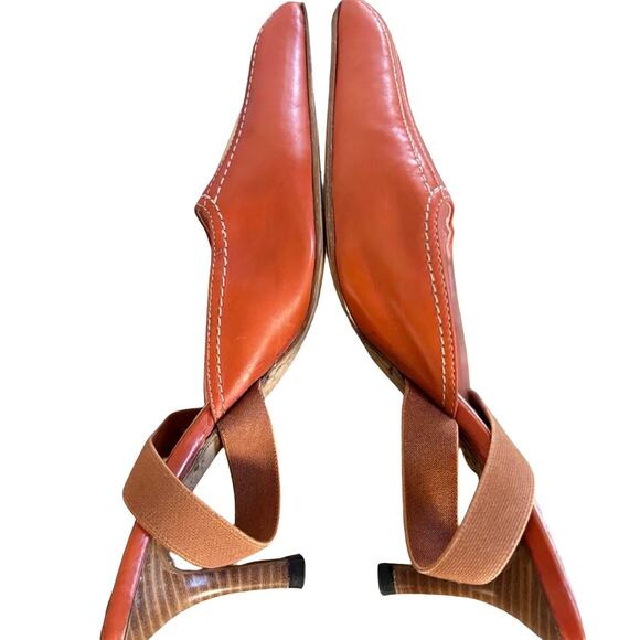 90'S VTG. BURNT ORANGE PUMPKIN POINTED TOE KITTEN MULES PUMPS  JOAN & DAVID7-7.5 - Picture 8 of 9